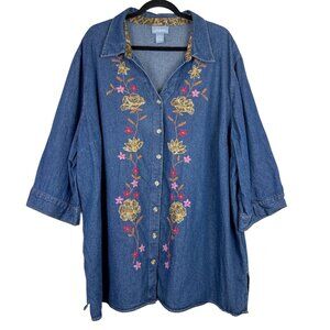 Liz & Me Embroidered Denim‎ Button-Up Top Women's 4X Floral Western Boho Shirt